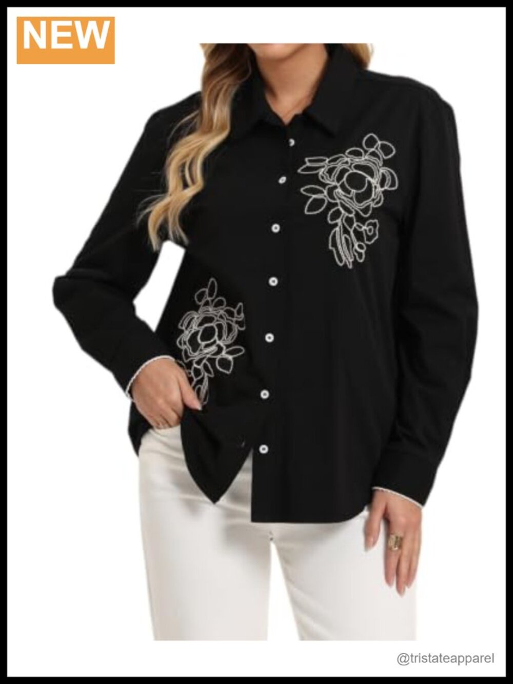 Women's 100% Cotton Button Down Shirt Long Sleeve Floral Embroidery Blouse